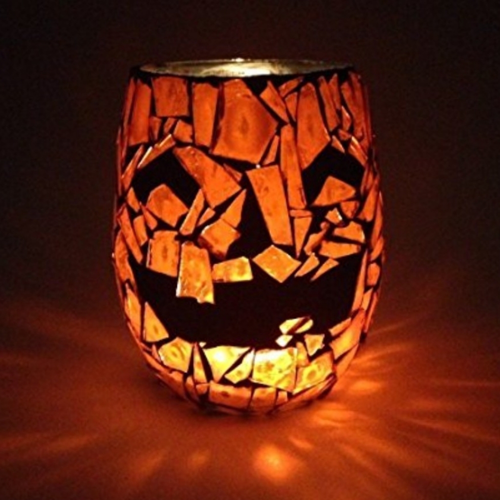 Mosaic Orange Pumpkin Jackolantern Candle Holder Jar Vase Halloween Decor - Picture 2 of 11